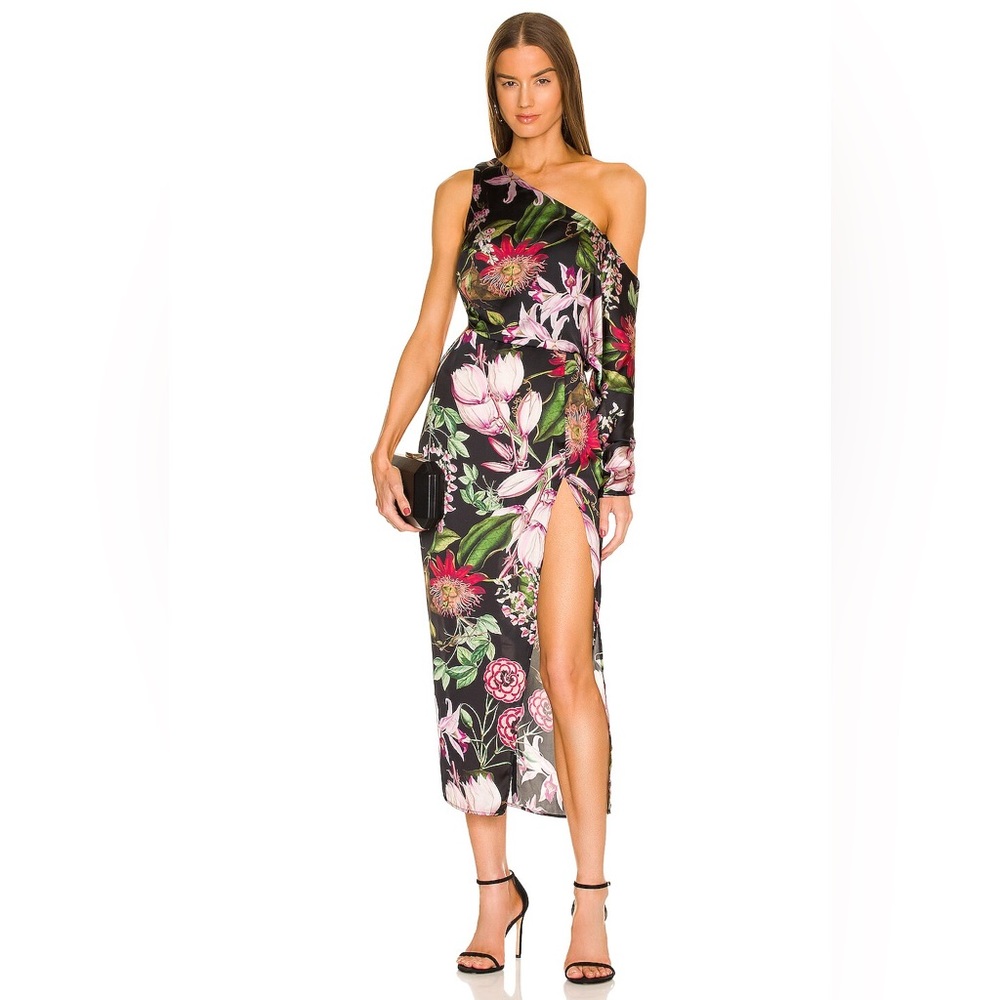 Katie May Floral One-Shoulder Midi Dress - Black and Pink